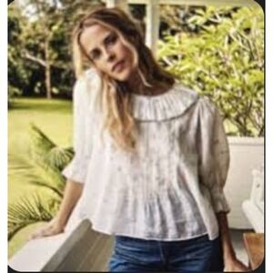 Doen Cadence Top in Bluebell Embroidered White Ramie Ruffle Neck Blouse XS